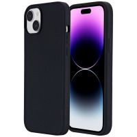 Czarne etui silikonowe eSTUFF Infinite Riga do iPhone 15 Plus, prezentujące tył z wycięciem na aparat oraz przód z widocznym ekranem telefonu.