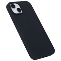 Czarne silikonowe etui eSTUFF INFINITE RIGA do iPhone 15 Plus, ukazane pod kątem z widoczną wyciętą wyspą na podwójny aparat fotograficzny na tylnym panelu.