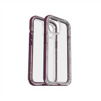 Przezroczyste etui LifeProof SEE do iPhone 13 z fioletową ramką, ukazujące wycięcie na wyspę aparatów oraz przyciski boczne w widoku izometrycznym.