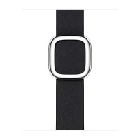 Pasek Apple z nowoczesną klamrą w kolorze północ do zegarka Apple Watch, widoczny od frontu z charakterystycznym srebrnym zapięciem na czarnej skórze.