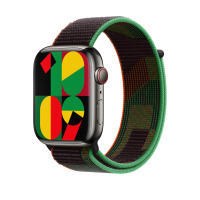 Apple Watch z czarną kopertą i tarczą Unity oraz opaska sportowa 44/45/49 mm w kolorze Black Unity o geometrycznym wzorze w odcieniach czerni, zieleni i