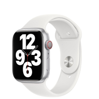 Srebrny Apple Watch z białą silikonową opaską 45mm, widoczny z profilu z cyfrową tarczą zegara z dużymi cyframi 12, 3, 6 i 9 oraz charakterystyczną koronką.