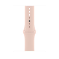 Silikonowy pasek Apple do zegarka Apple Watch 45mm w kolorze piaskowy róż, ukazujący rząd otworów do regulacji zapięcia oraz metalowy pin mocujący.