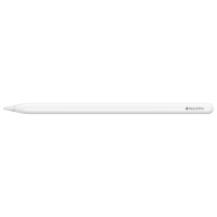 Biały rysik Apple Pencil Pro z widocznym logo producenta oraz nazwą modelu na obudowie, ukazany w ujęciu profilowym na całej długości akcesorium.