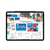 Apple Pencil Pro spoczywa na górnej krawędzi tabletu iPad, na którym wyświetlana jest prezentacja Aerodynamics z notatkami, wykresami i oknem wideokonferencji.