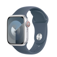 Apple Watch S9 45mm aluminium + Cellular w kolorze srebrnym z paskiem sportowym w kolorze sztormowego błękitu - S/M