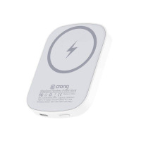 Biały powerbank Crong MagSpot z magnetycznym pierścieniem MagSafe, widoczny pod kątem z nadrukowanymi oznaczeniami technicznymi oraz portem ładowania.
