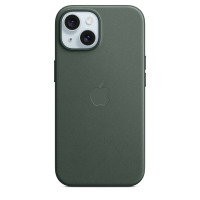 Etui Apple FineWoven MagSafe w kolorze wieczna zieleń do iPhone 15 Plus, widok na tylny panel z wycięciem na wyspę aparatów i wytłoczonym logo Apple.