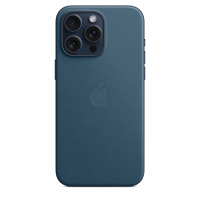 Etui Apple FineWoven w kolorze głębia oceanu do iPhone 15 Pro Max, widok na tył urządzenia z charakterystyczną wyspą aparatów i wytłoczonym logo Apple.