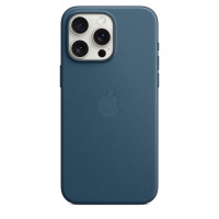 Etui Apple FineWoven w kolorze głębia oceanu do iPhone 15 Pro Max, widok na tył urządzenia z charakterystyczną wyspą aparatów i wytłoczonym logo Apple.