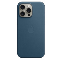 Etui Apple FineWoven w kolorze głębia oceanu na iPhone 15 Pro Max, widok na tył z charakterystyczną wyspą aparatów, trzema obiektywami i logo Apple.