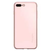 Różowe etui Spigen Thin Fit do iPhone 7 Plus i 8 Plus, widok na tylną część obudowy z wycięciem na podwójny aparat oraz logo producenta w dolnej części.