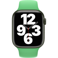 Apple Watch z kopertą w kolorze ciemnej zieleni oraz jasnym, silikonowym paskiem Bright Green, wyświetlający tarczę z dużymi cyframi 12, 3, 6 i 9.