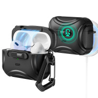Czarne etui ESR Cyber Flicklock do AirPods Pro z otwartą klapką i karabińczykiem oraz widokiem na ładowanie bezprzewodowe z podświetlonym logo producenta.