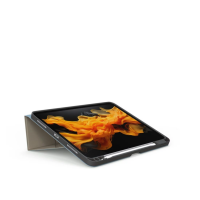 Brązowo-niebieskie etui JCPAL SlimFlex do iPad 10,9 2022 w pozycji podstawki, z widocznym rysikiem Apple Pencil w dedykowanym slocie i czarną ramką ochronną.