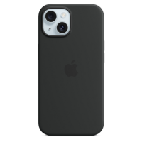 Czarne silikonowe etui Apple do iPhone 15 Plus z widocznym logo producenta na środku oraz wycięciem na wyspę aparatów z dwoma obiektywami i lampą błyskową.