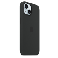 Czarne silikonowe etui Apple do iPhone 15 Plus z widoczną wyspą aparatów, logo producenta na pleckach oraz precyzyjnymi wycięciami na przyciski boczne.
