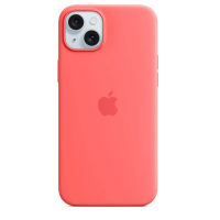 Różowe etui silikonowe Apple do iPhone 15 Plus z wycięciem na podwójny aparat, widok na tylną część obudowy z centralnie umieszczonym logo producenta.