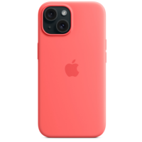 Różowe etui silikonowe Apple do iPhone 15 Plus z wycięciem na wyspę aparatów, widok na tylną część obudowy z wyśrodkowanym logo nadgryzionego jabłka.