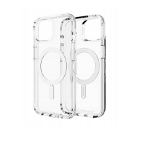 Przezroczyste etui Gear4 Crystal Palace Snap z wbudowanym pierścieniem MagSafe do iPhone 13, ukazujące profil oraz wycięcie na wyspę aparatów.