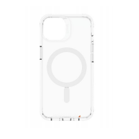 Przezroczyste etui Gear4 Crystal Palace Snap do iPhone 13 z wbudowanym pierścieniem magnetycznym MagSafe, widoczne wycięcie na aparat oraz logo Protected by