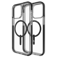 Czarne etui Gear4 Santa Cruz Snap do iPhone 15 Pro Max z przezroczystymi pleckami, pierścieniem MagSafe oraz logotypem ZAGG i napisem PROTECT BETTER.