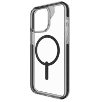 Przezroczyste etui Gear4 Santa Cruz Snap do iPhone 15 Pro Max z czarną ramką, widocznym pierścieniem magnetycznym MagSafe oraz logo ZAGG przy aparacie.