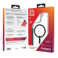 Opakowanie etui Gear4 Santa Cruz Snap do iPhone 15 Pro Max z widocznym przezroczystym pokrowcem z czarnym pierścieniem MagSafe oraz opisem technologii Graphene.