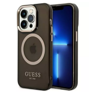 Czarne etui Guess Gold Outline z MagSafe do iPhone 14 Pro, prezentujące wyspę aparatów, złote akcenty oraz logo marki z napisem EST. 1981 na pleckach.