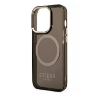 Czarne etui Guess Gold Outline z wbudowanym pierścieniem MagSafe do iPhone 14 Pro, prezentujące elegancką ramkę wokół wycięcia na wyspę aparatów.