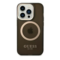 Czarne etui Guess Gold Outline z MagSafe do iPhone 14 Pro, prezentujące złotą ramkę wokół wyspy aparatów oraz logo marki nad napisem EST. 1981 na pleckach.