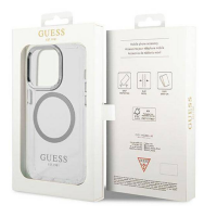 Przezroczyste etui Guess Outline Silver MagSafe do iPhone 14 Pro w białym opakowaniu z widocznym logo marki, wycięciem na aparat i magnetycznym pierścieniem.