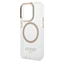 Przezroczyste etui Guess z serii Metal Gold do iPhone 14 Pro z magnetycznym pierścieniem MagSafe, złotą ramką wokół aparatu i logotypem marki na dole.