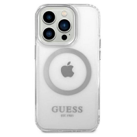 Przezroczyste etui Guess Outline MagSafe do iPhone 14 Pro z widocznym srebrnym pierścieniem magnetycznym oraz logotypem marki na dolnej części obudowy.
