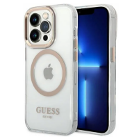 Przezroczyste etui Guess z magnetycznym pierścieniem MagSafe do iPhone 14 Pro, z widoczną wyspą aparatów w złotym kolorze oraz logo marki na dole obudowy.