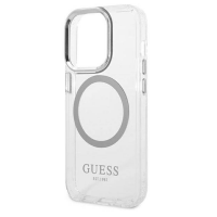 Przezroczyste etui Guess do iPhone 14 Pro z srebrną ramką wokół aparatu i magnetycznym pierścieniem MagSafe, widoczne z napisem GUESS EST. 1981 na dole.