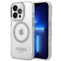 Przezroczyste etui Guess Outline z MagSafe do iPhone 14 Pro Max, prezentujące srebrny pierścień magnetyczny, logo marki oraz potrójny moduł aparatu telefonu.