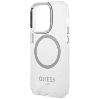 Przezroczyste etui Guess Outline Silver z wbudowanym pierścieniem MagSafe do iPhone 14 Pro Max, widoczne z wycięciem na aparat i srebrnym logo marki.