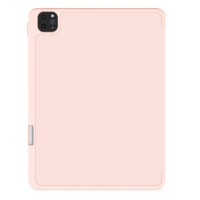 Różowe etui JCPAL DuraPro do iPad Pro 11 5. generacji, widok na tylną część z wycięciem na wyspę aparatów oraz bocznym panelem na akcesoria.