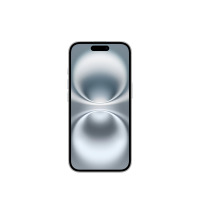 Apple iPhone 16 w kolorze białym, widok od frontu na włączony wyświetlacz z charakterystycznym dynamicznym wycięciem w górnej części ekranu.