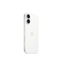 Apple iPhone 16 w kolorze białym, widok z tyłu pod kątem prezentujący pionowy układ dwóch obiektywów aparatu oraz logo Apple na środku obudowy.