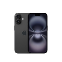 Apple iPhone 16 w kolorze czarnym, widok z przodu i z tyłu prezentujący pionowy układ dwóch obiektywów aparatu oraz ekran z charakterystycznym wycięciem.