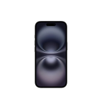 Apple iPhone 16 w kolorze czarnym, widok od frontu na włączony ekran z abstrakcyjną, ciemną tapetą oraz charakterystycznym wcięciem Dynamic Island.