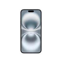 Apple iPhone 16 Plus w kolorze białym, widok od frontu na włączony ekran z abstrakcyjną jasną tapetą oraz charakterystycznym wycięciem Dynamic Island.