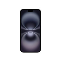 Apple iPhone 16 Plus w kolorze czarnym, widok od przodu na włączony ekran z ciemną, abstrakcyjną tapetą oraz charakterystycznym wcięciem Dynamic Island.
