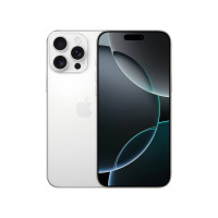 Apple iPhone 16 Pro Max w kolorze tytan biały, widok z przodu na ekran z dynamiczną wyspą oraz z tyłu na potrójny aparat w charakterystycznej wyspie.