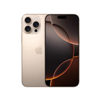Apple iPhone 16 Pro Max w kolorze tytan pustynny, widok na tylną obudowę z potrójnym aparatem oraz na front urządzenia z włączonym ekranem i wyspą Dynamic