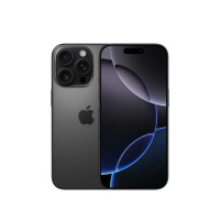 Apple iPhone 16 Pro w kolorze tytan czarny, widoczny jednocześnie od strony plecków z potrójnym aparatem oraz od frontu z włączonym wyświetlaczem.