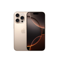 Apple iPhone 16 Pro w kolorze tytan pustynny, widoczny jednocześnie od strony plecków z wyspą trzech aparatów oraz od frontu z włączonym wyświetlaczem.