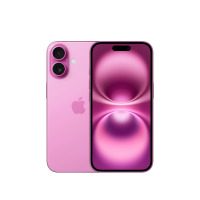 Apple iPhone 16 w kolorze różowym, widok na tył z podwójnym aparatem w pionowej wyspie oraz na przód z wyświetlaczem z dynamiczną wyspą w górnej części.